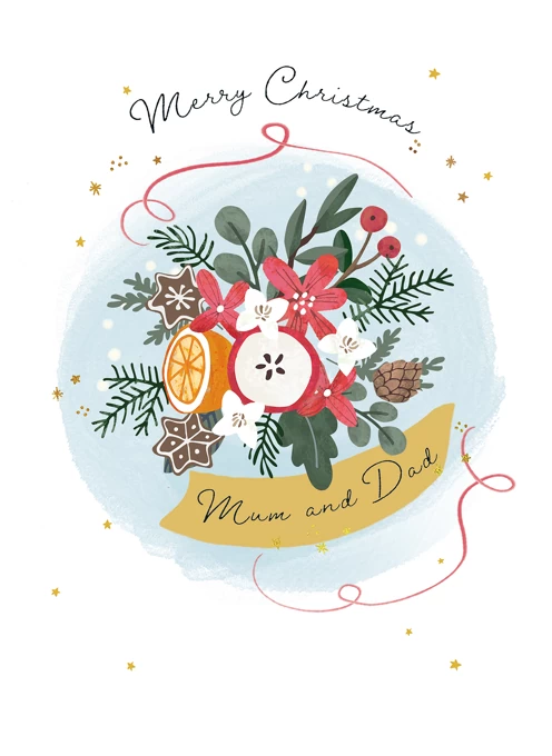 Mum And Dad Festive Bouquet Foiled Christmas Card