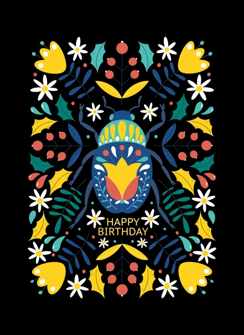 Birthday Card With Flowers and a Beetle
