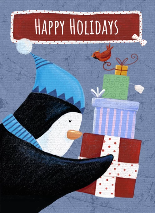 Happy Holiday Cute Penguin with Gifts