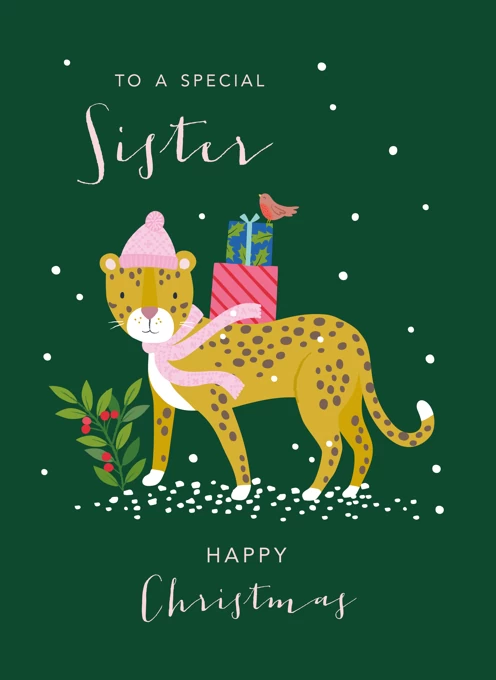 Sister Christmas Card with Festive Leopard