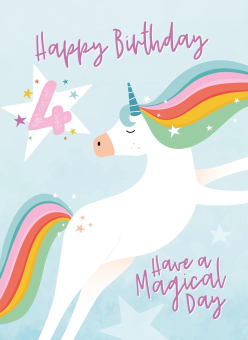 Rainbow Unicorn 4th Birthday Card