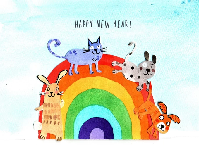 Happy New Year Animal Rainbow Card