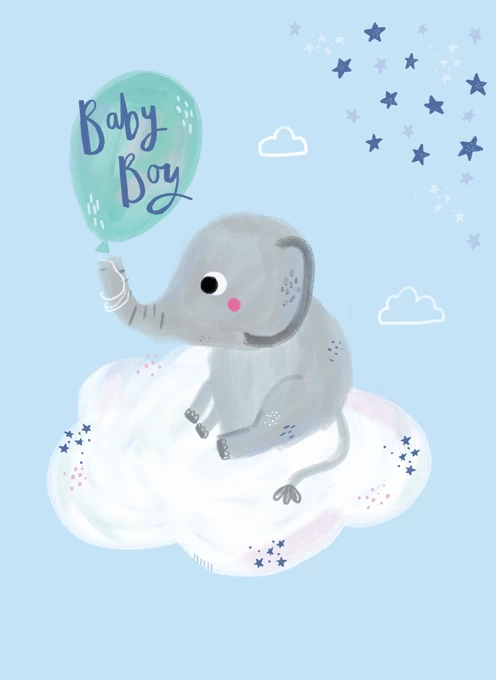 Cute New Baby Boy Illustrated Elephant Card