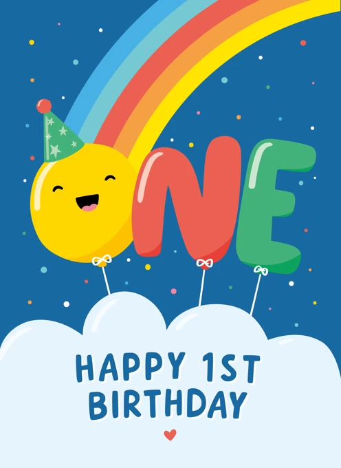 Rainbow 1st Birthday Card Blue
