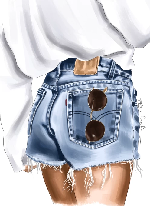 Fashion technical sketch of woman denim shorts in graphic. | CanStock