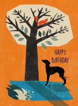 Whippet Lurcher Dog Tree and Squirrel Card