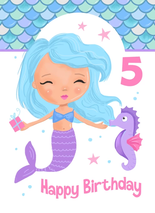 5th Birthday Cute Mermaid & Seahorse