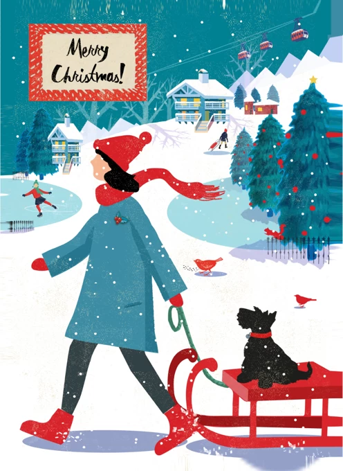 Winter Terrier Dog Walk Christmas Card