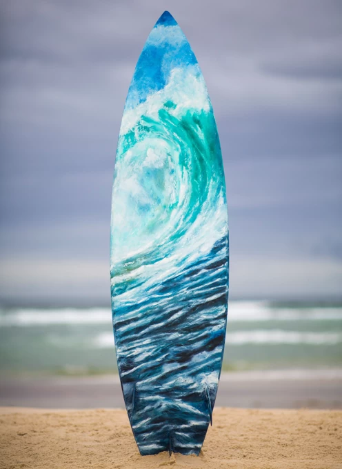 Cool Blue Wave on Custom Painted Surfboard