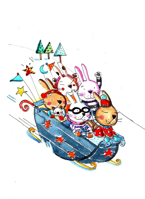 Christmas Rabbits in Sleigh