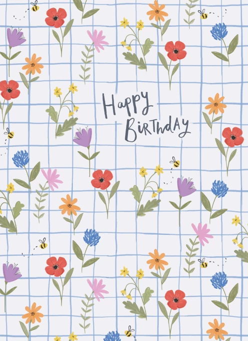 Happy Birthday - Gingham Wildflower Pattern
