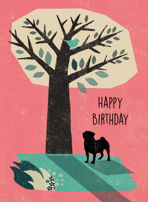 Pug Dog & Bird Birthday Card