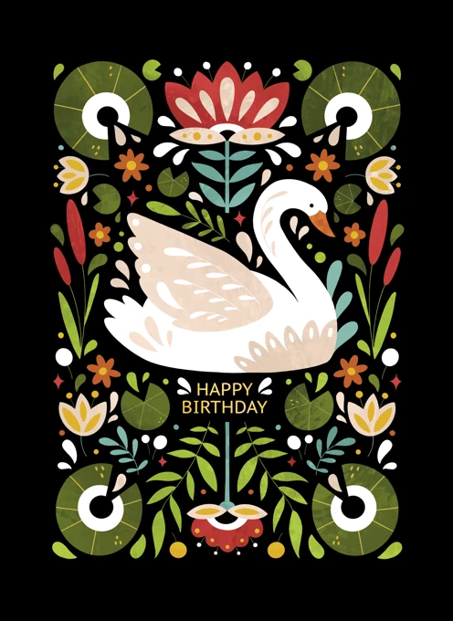 Swan in the Flowers Happy Birthday